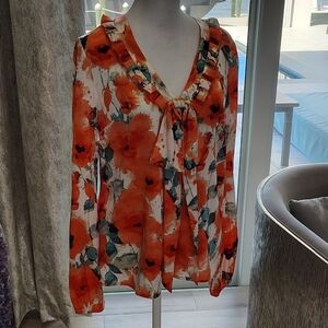St. John Vibrant Floral Blouse in Orange and Teal